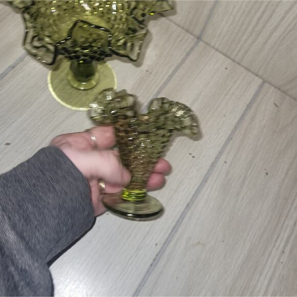 Vtg Fenton Hobnail Footed Green Glass Ruffle Compote Dish Set MCM - Picture 4 of 6